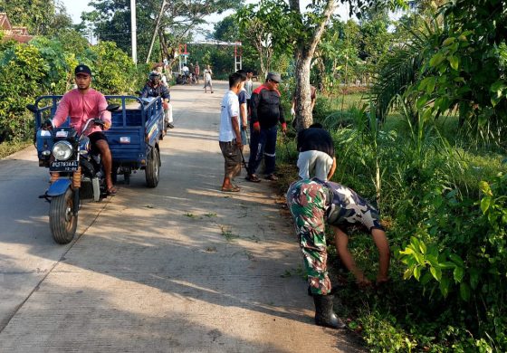 Babinsa Kelurahan Sukamulya bersama Warga Gotong Royong Bersihkan Rumput Liar di Jalan Husin Basri